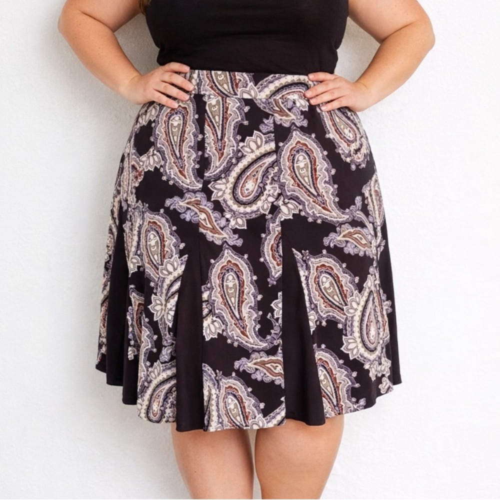 Sami & Jo black green paisley print pleated stretch a-line skirt size XL